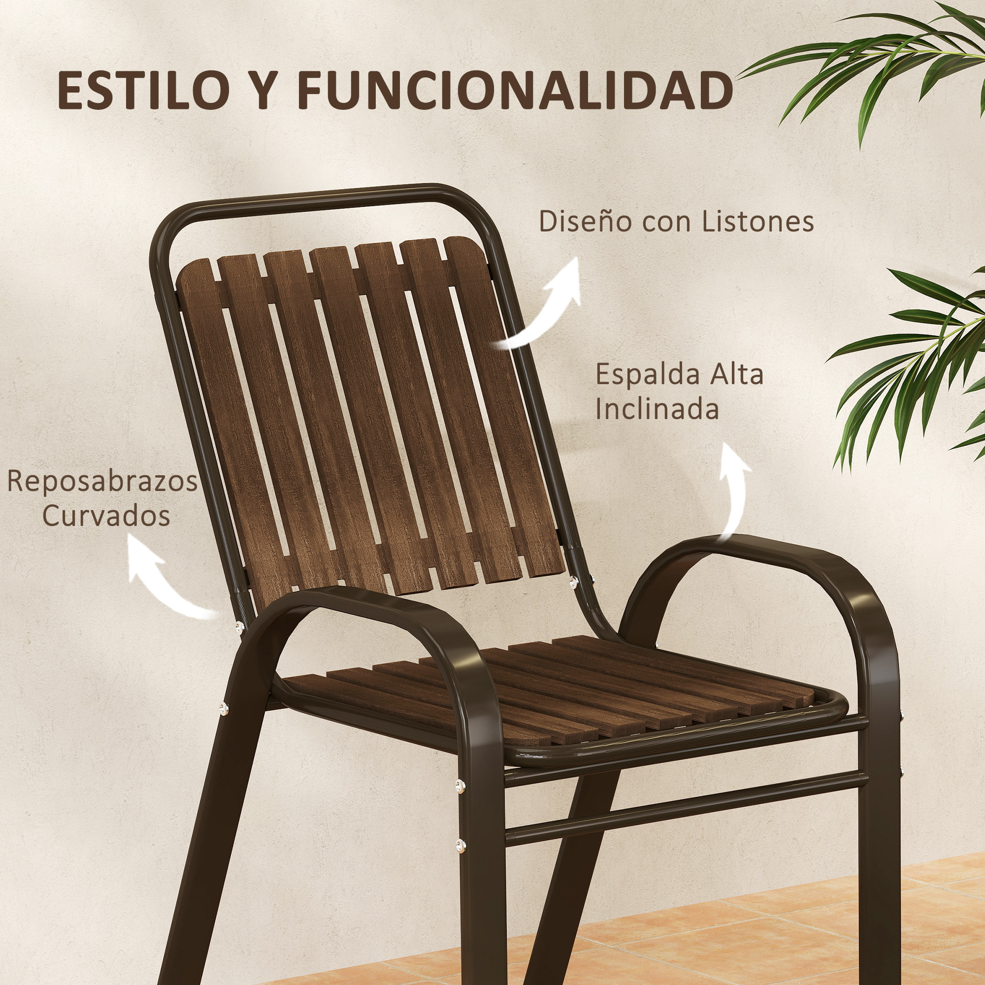 Conjunto Jardín Exterior de 3 Piezas Juego de Muebles de Jardín con 2 Sillas Apilables Mesa con Encimera de Vidrio Templado y Estructura de Acero para Terraza Patio Balcón Marrón Oscuro