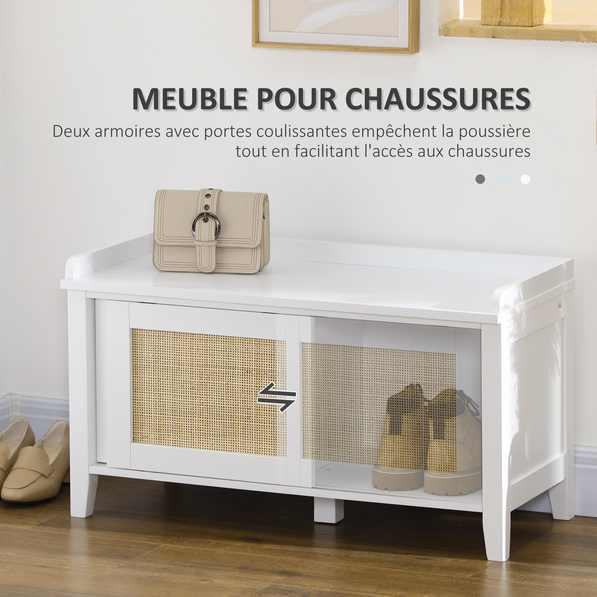 Meuble chaussures banc à chaussures 2 en 1 style bohème chic 2 portes coulissantes - MDF blanc cannage rotin