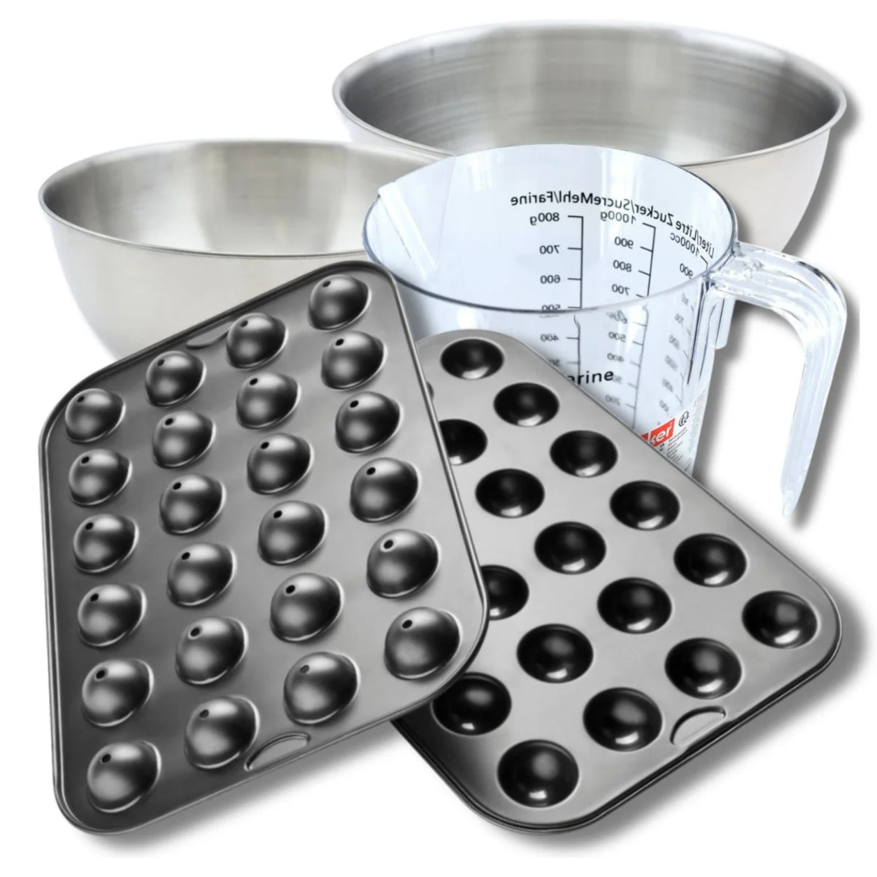 Set pâtisserie avec moule à 24 pop cakes 38,5 x 26,5 cm en acier, 2 bols à mixer, verre mesureur et spatule Zenker
