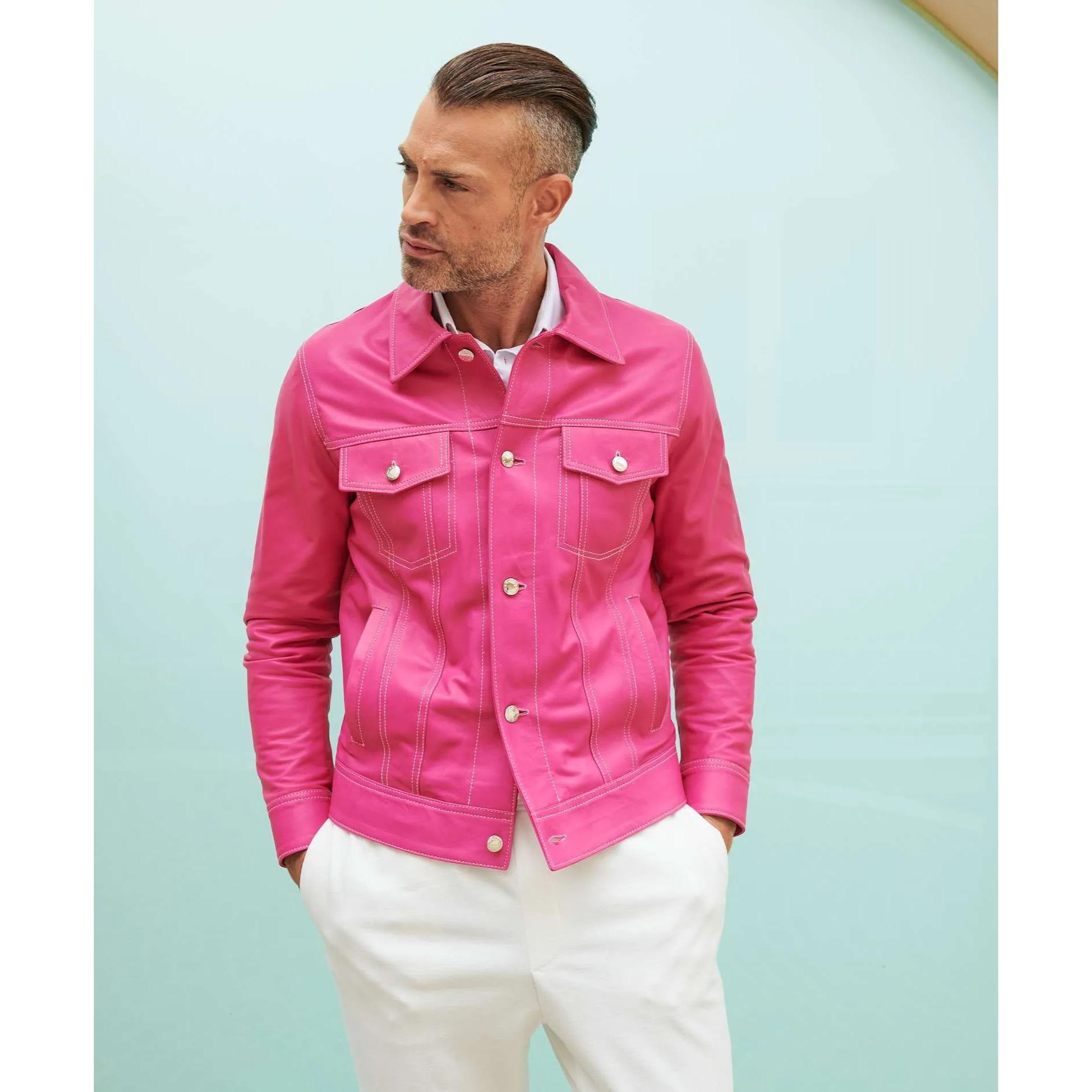 Giacca pelle naturale fuxia con bottoni e collo camicia