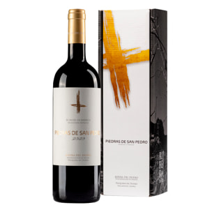 Botella de vino RESERVA ESPECIAL Piedras de San Pedro. Ribera del Duero, crianza 16 meses en barrica de roble. Vendimia del 2020 de la viña de Valderramiro. 75cl. Con 14,5% vol.Caja Regalo Premium