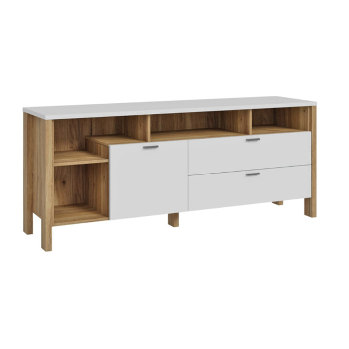 Meuble TV 162cm 2 tiroirs 1 porte 4 niches décor gris clair - BOLERO