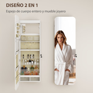 Espejo Joyero con Luz LED, Armario Joyero Montado en la Pared o en la Puerta, Armario para Joyas con Cerradura, Espejo Entero, 2 Cajones, Blanco