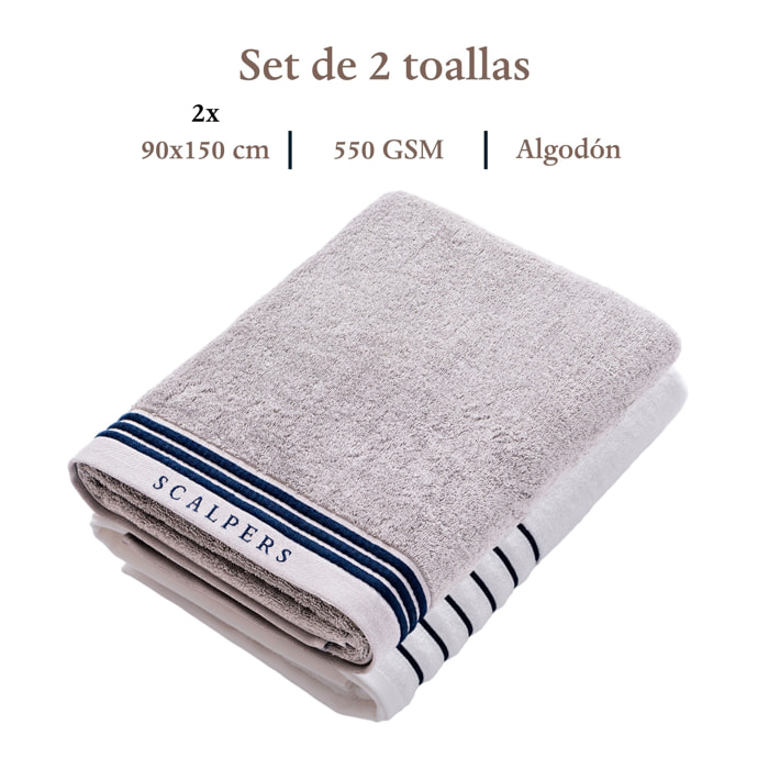 Set de 2 toallas de ducha (150x90), 100% algodón, 470 gsm, en colores gris y blanco, scalpers home