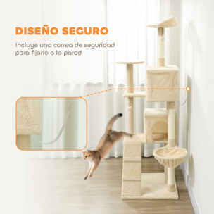 Árbol Rascador para Gatos, Árbol para Gatos 180 cm, Torre Escalador con Múltiples Plataformas, Cama, 2 Cuevas, Hamaca, Escalera, Postes de Sisal, Bolas para Jugar, Beige