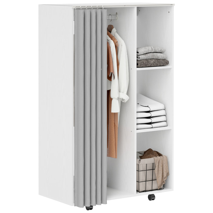HOMCOM Armario Ropero con Ruedas, Armario para Ropa con Cortina, Barra para Colgar, 3 Estantes Abiertos, para Dormitorio, 80x40x128 cm, Blanco