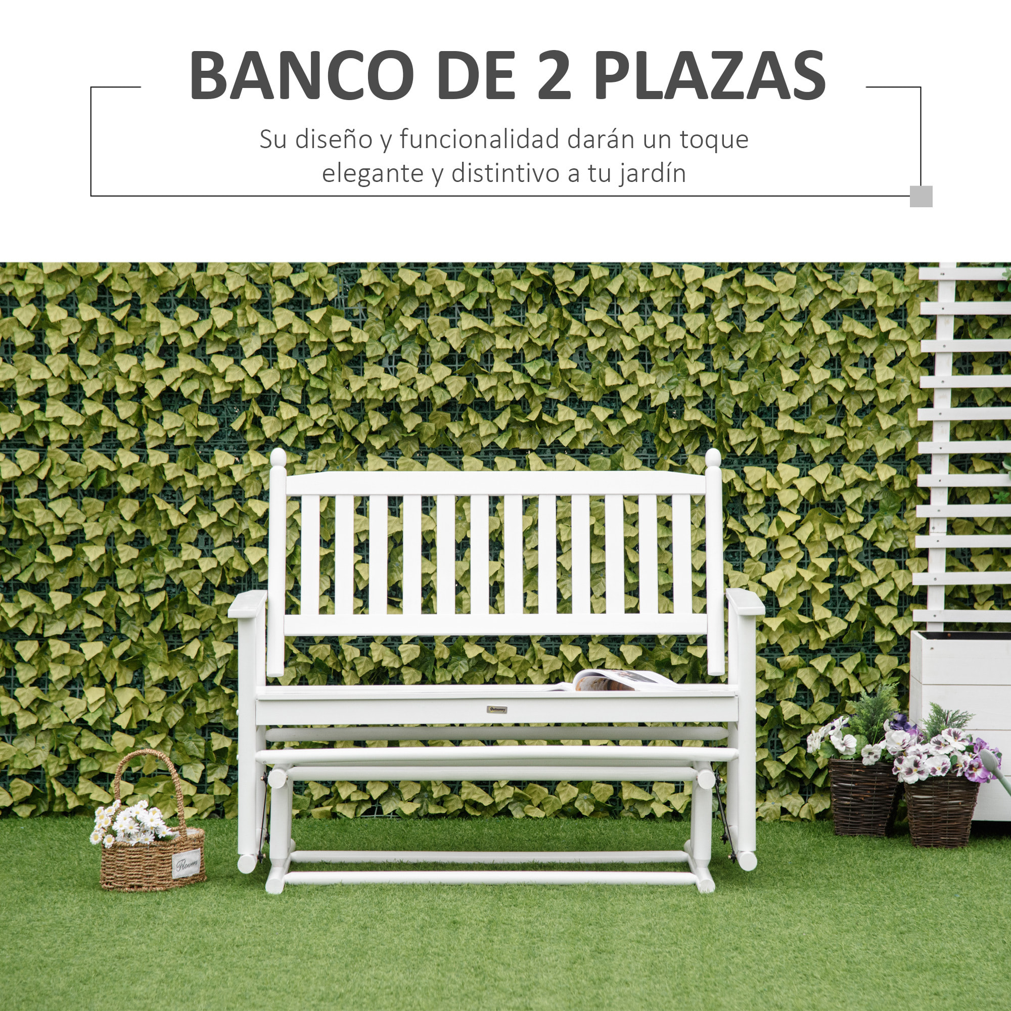 Outsunny Banco Mecedora de Jardín de 2 Plazas de Madera Carga Máx. 250 kg Blanco