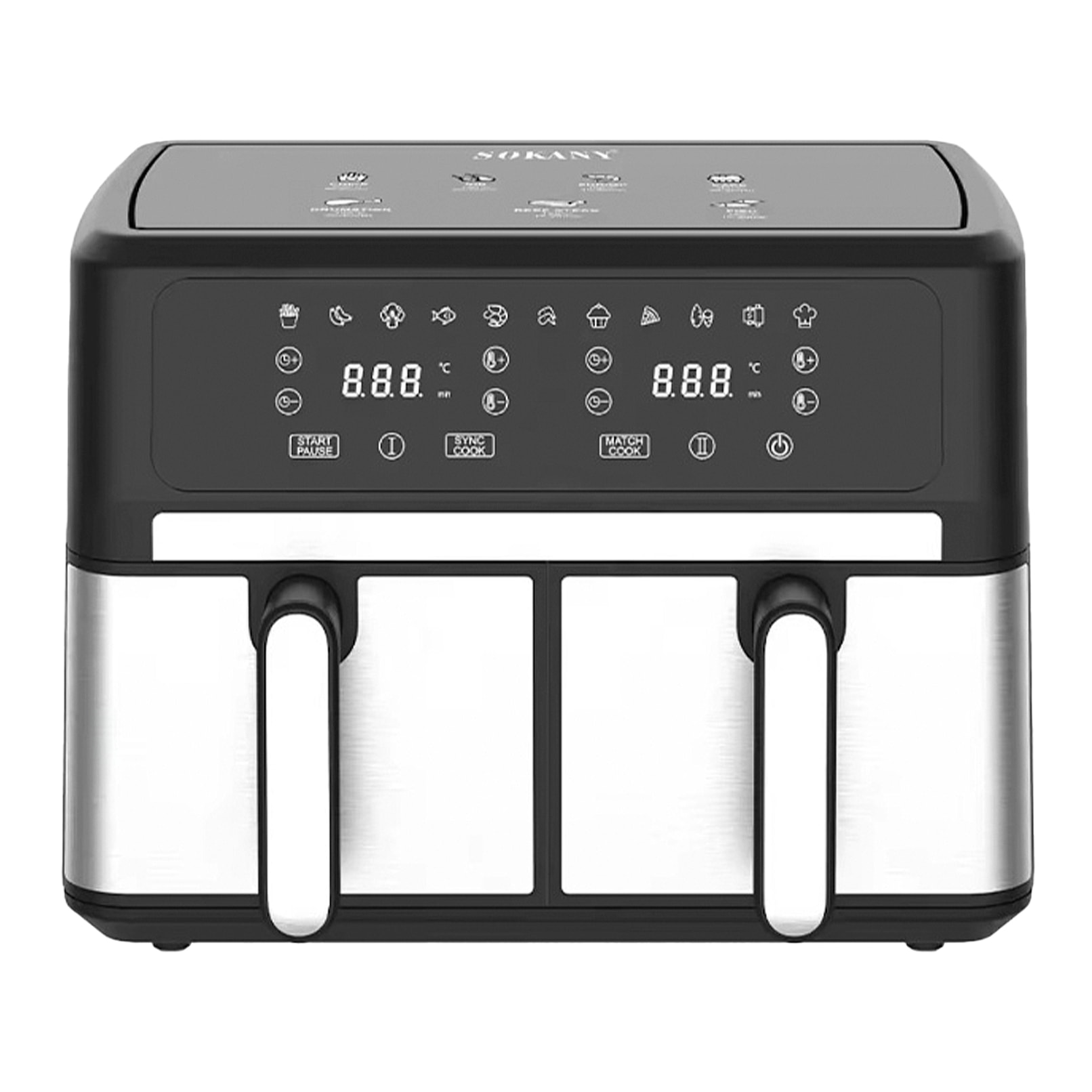 Freidora de aire sin aceite de 3000w doble cesta con 10L de capacidad totales. Panel digital multifunción con temporizador y alarma de finalización.