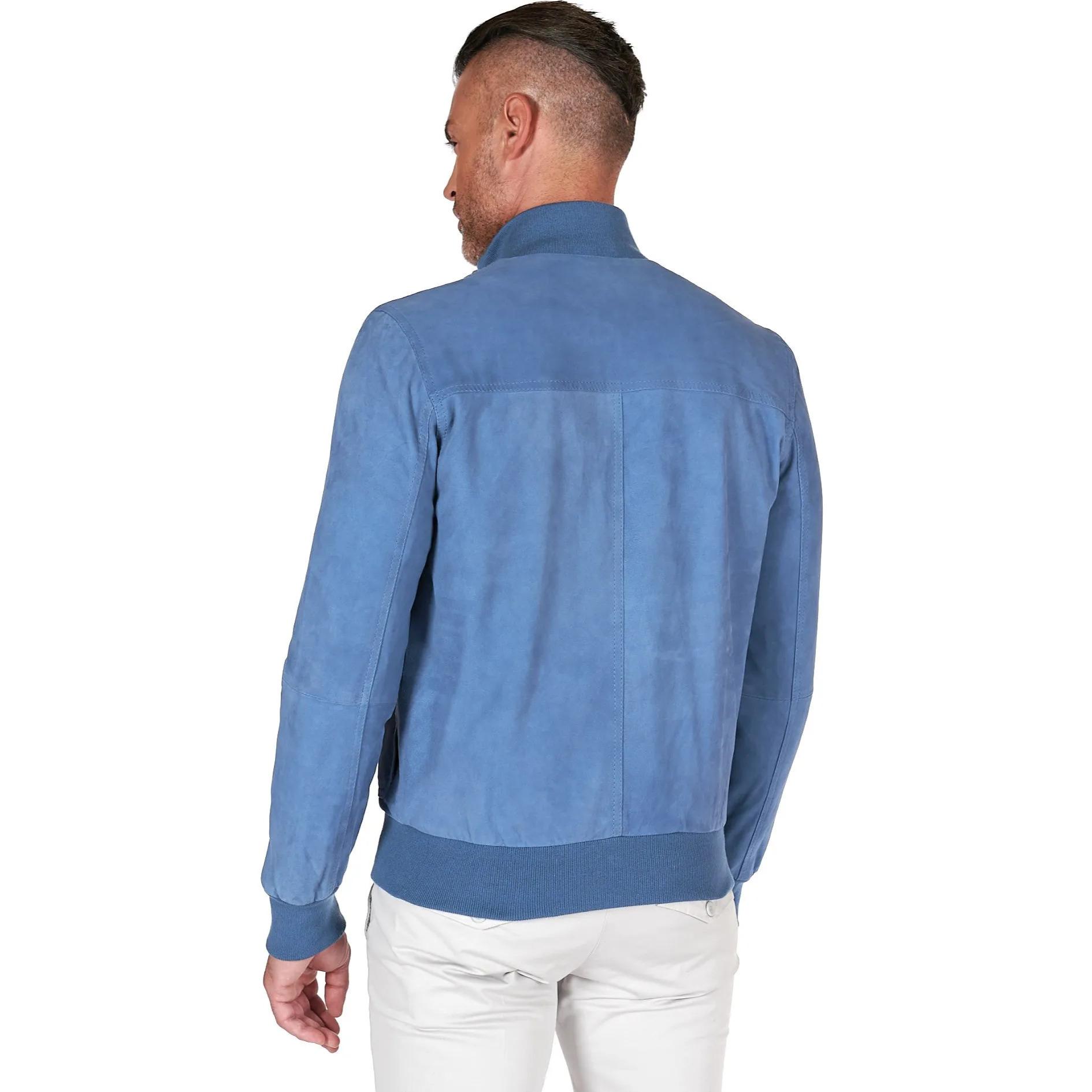 Giacca bomber in pelle camoscio blu denim con bottoni e tasconi