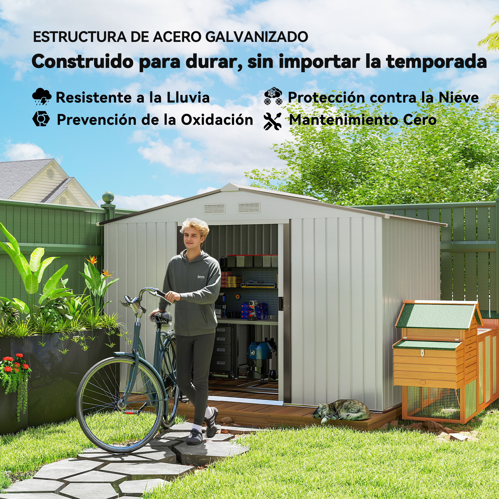 Caseta de Jardín Exterior, 5 m² 277x195x192 cm, Cobertizo de Jardín Exterior Metálico con 2 Puertas Correderas, Base Refuerzo (Suelo NO Incluido) y 4 Ventanas, Plata y Gris