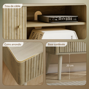 Meuble TV design effet cannelé naturel 2 portes 2 niches bois de pin effet bois clair