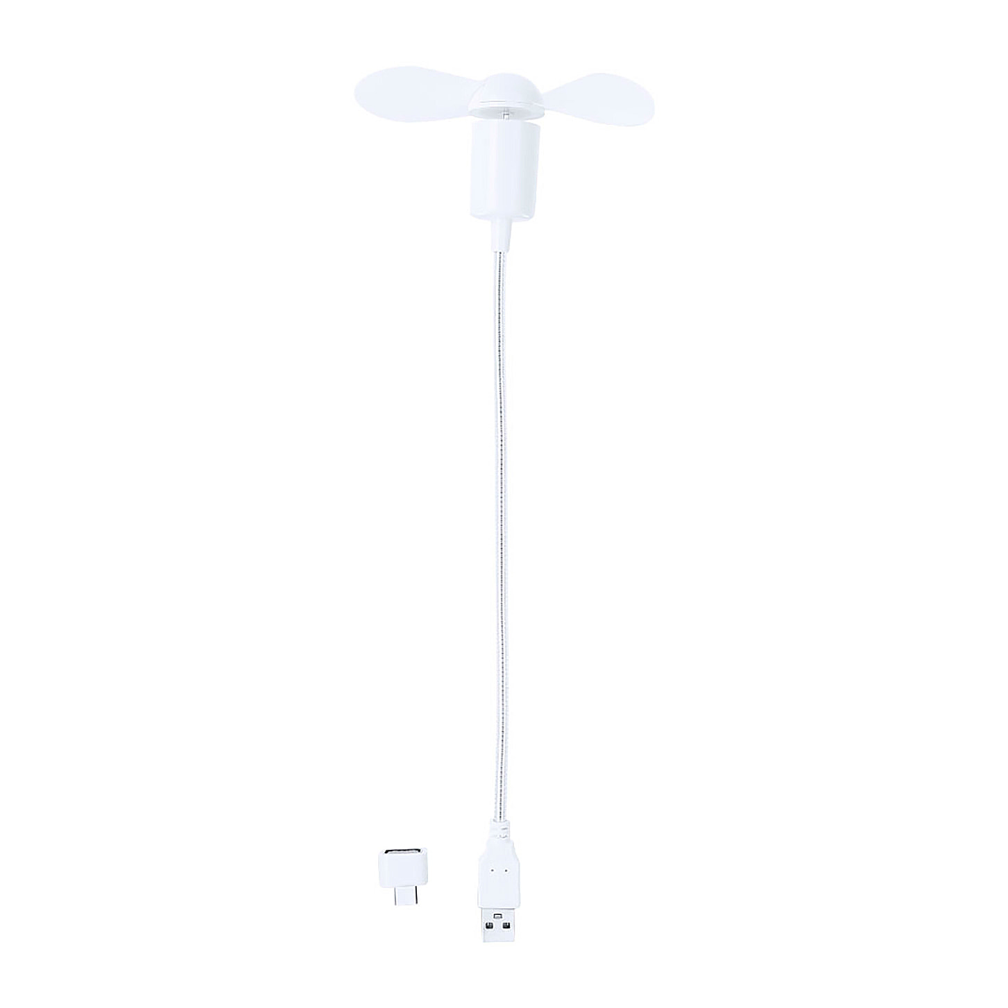 Ventilador flexible compatible con USB y USB-C, con cuello orientable para dirigir el flujo de aire. Compacto, ligero y sin necesidad de baterías, ideal para smartphones, portátiles y baterías externa