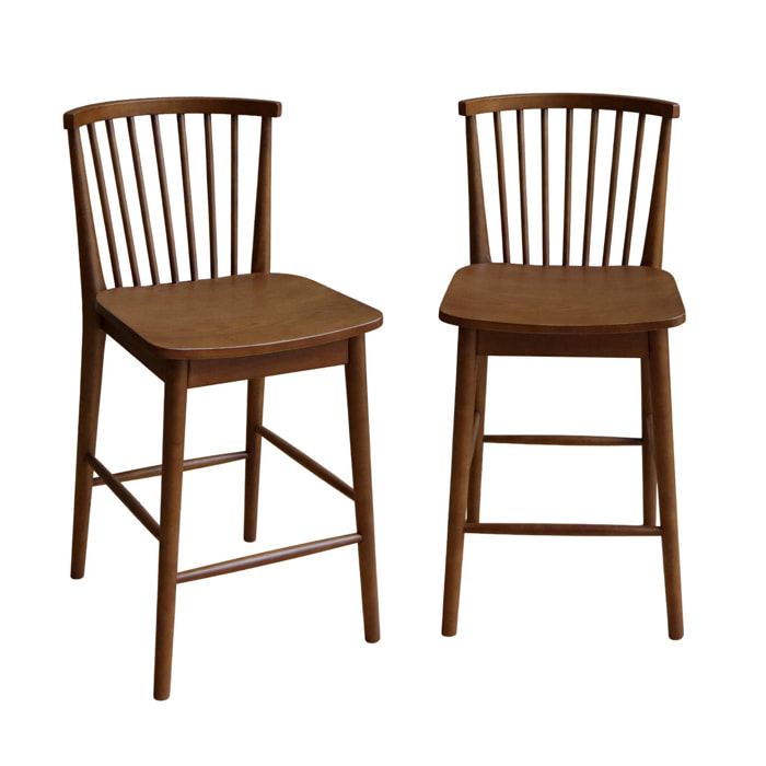 Lot de 2 tabourets de bar à barreaux bois d'hévéa et contreplaqué noyer - 48 x 58 x 98.5 cm - Paula