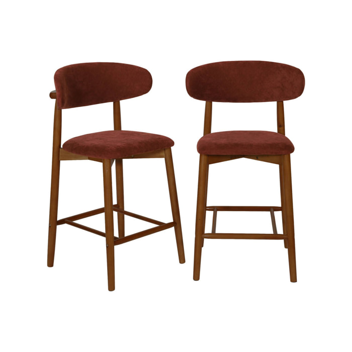 Tabouret de bar bois d'hévéa noyer et tissu chenille (lot de 2)  PAOLA