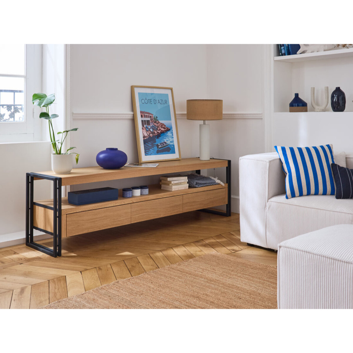 Bogota - meuble TV - bois plaquage chêne et noir - 200 cm - Bois / Noir