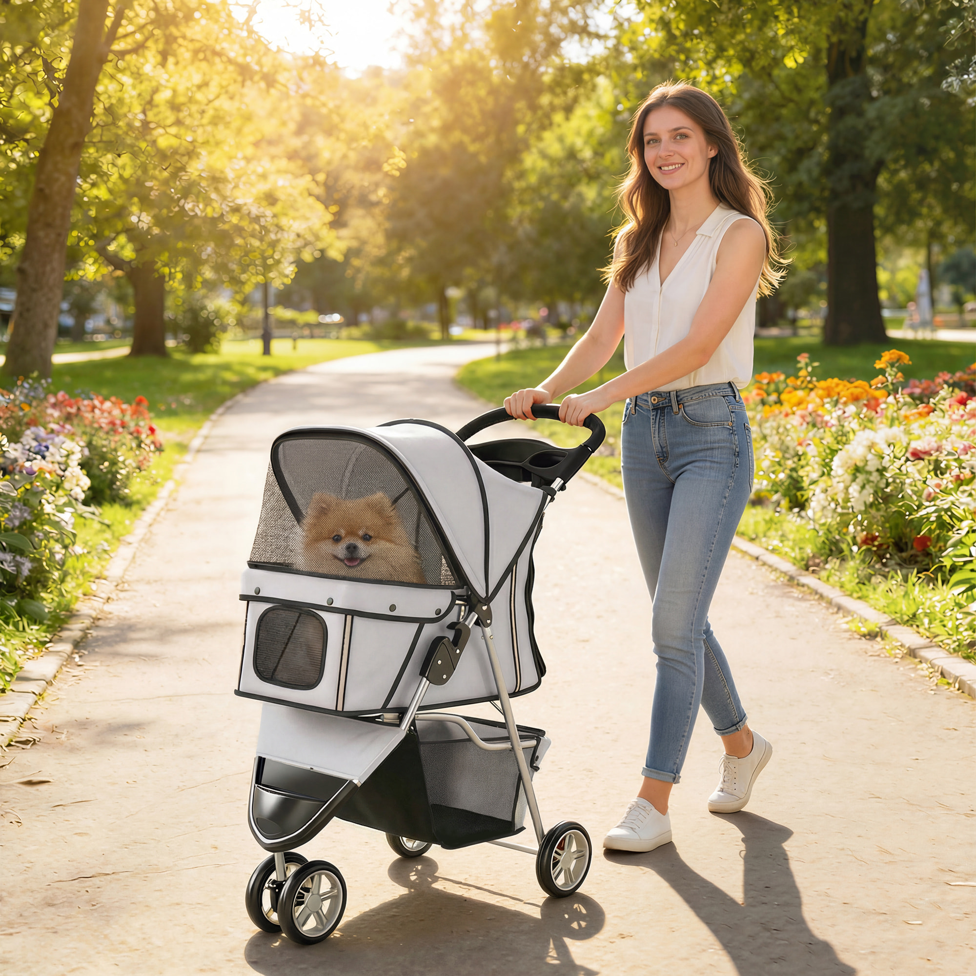 Poussette buggy pour chien chat animaux roue avant pivotante 360 degrés gris