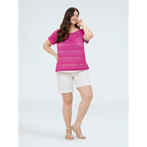 Fiorella Rubino - Camiseta de encaje a rayas con cuello barco - Fuchsia
