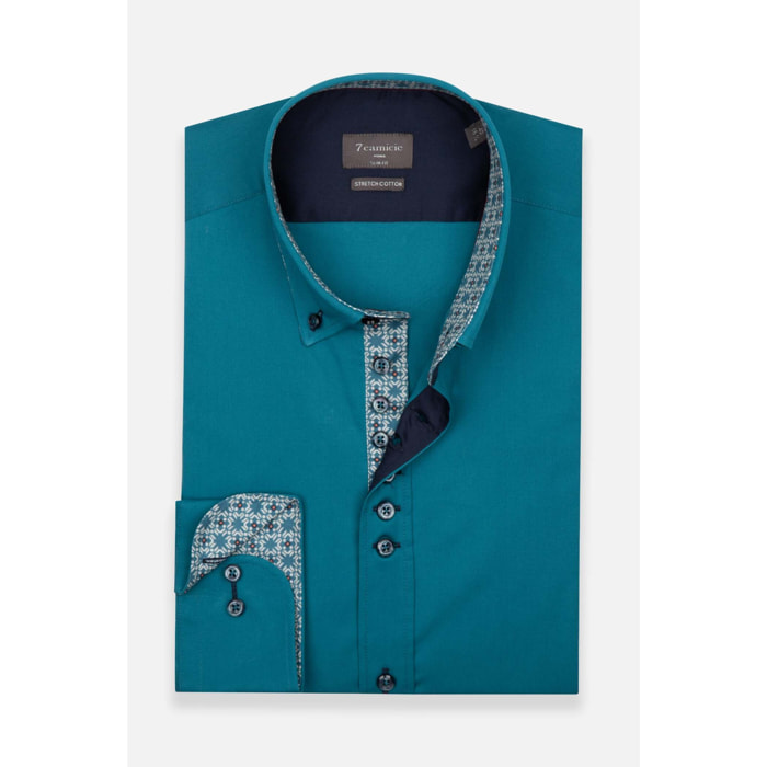 Camicia Uomo 1 Bottoni Button Down Slim Popeline Stretch Unito Verde Ottanio