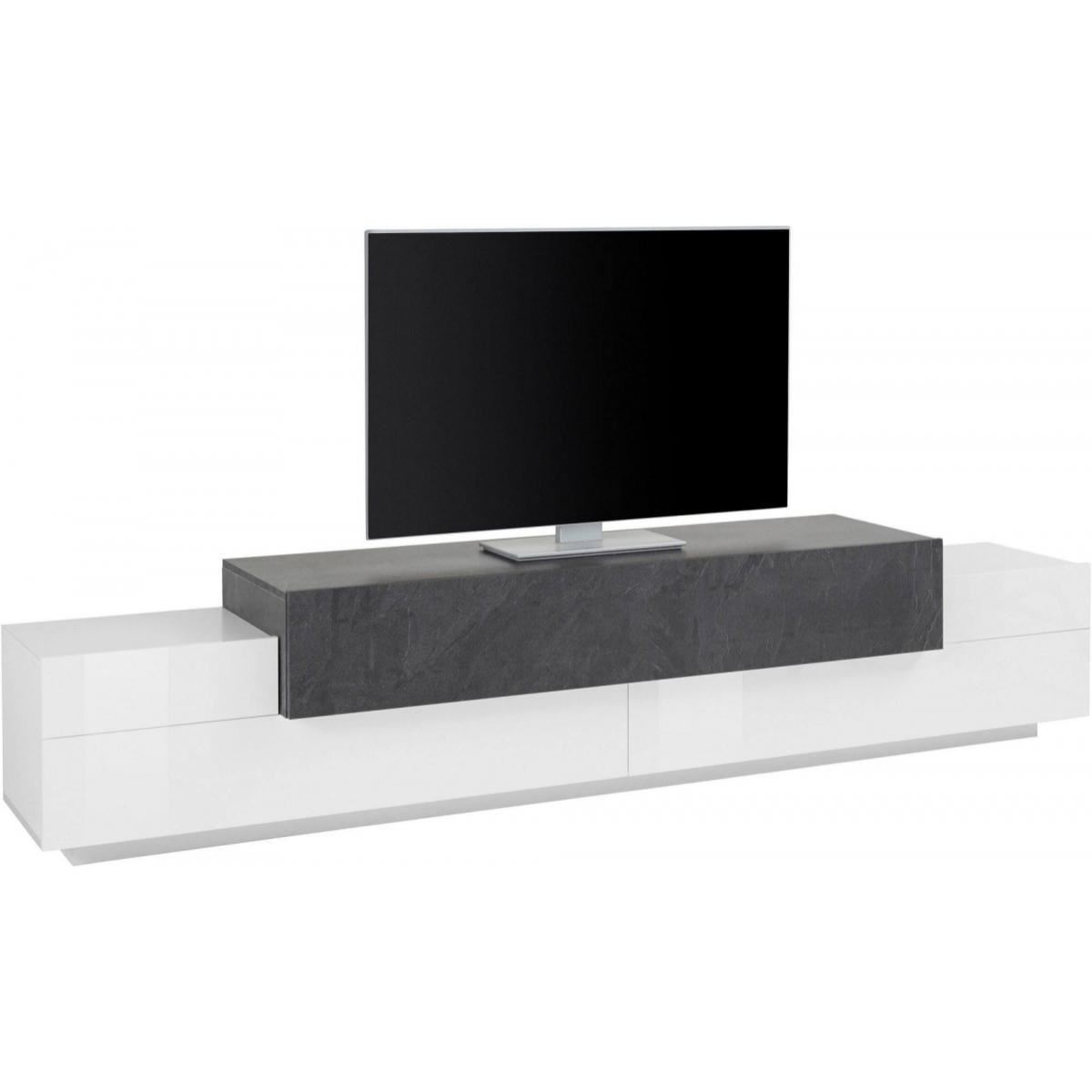 Mobile da soggiorno Porta TV, Made in Italy, Supporto per TV da salotto a 3 ante e ripiani, cm 240x45h52, colore Bianco lucido e Grigio Cenere