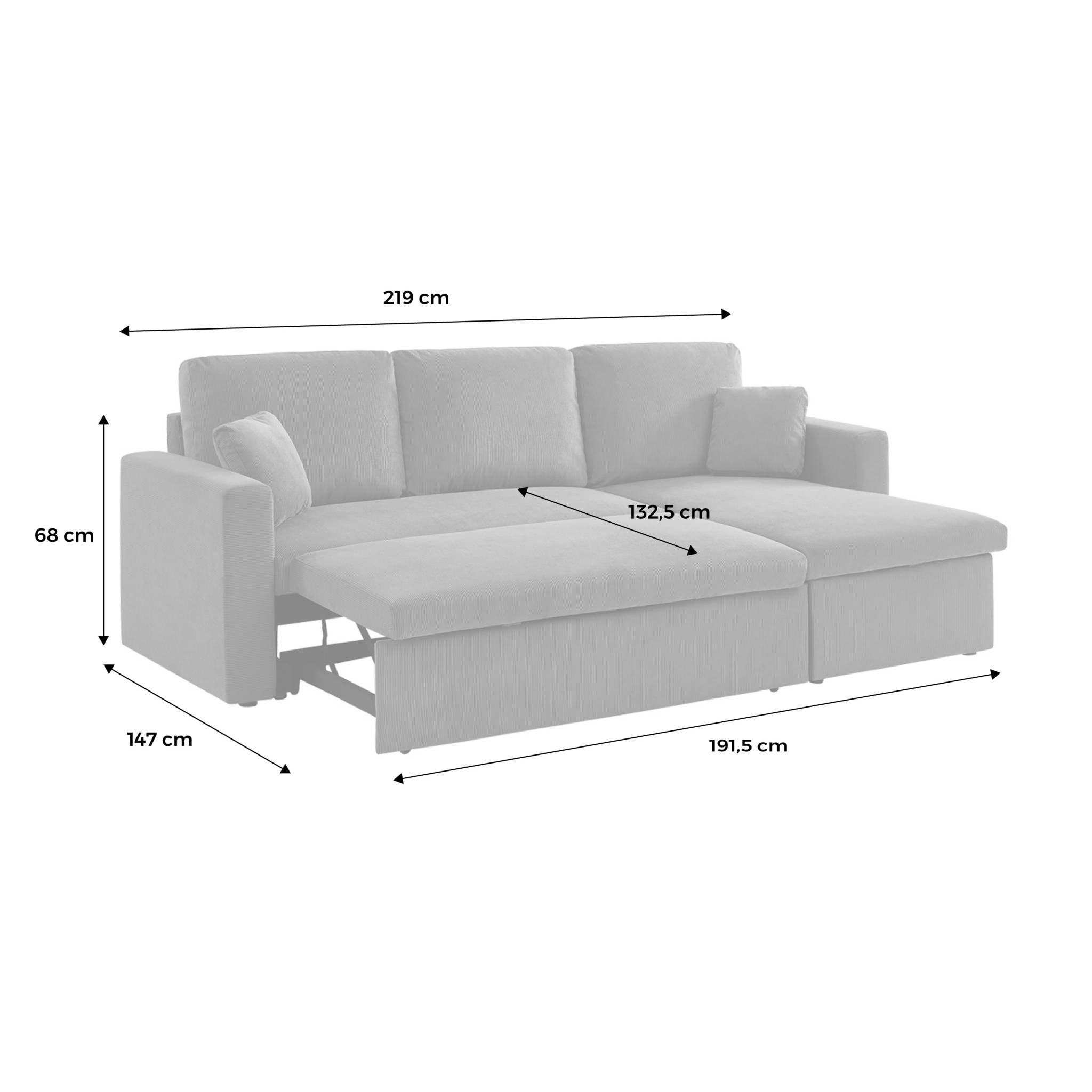 Canapé d'angle convertible en velours côtelé grège - IDA - 3 places. fauteuil d'angle réversible coffre rangement lit modulable