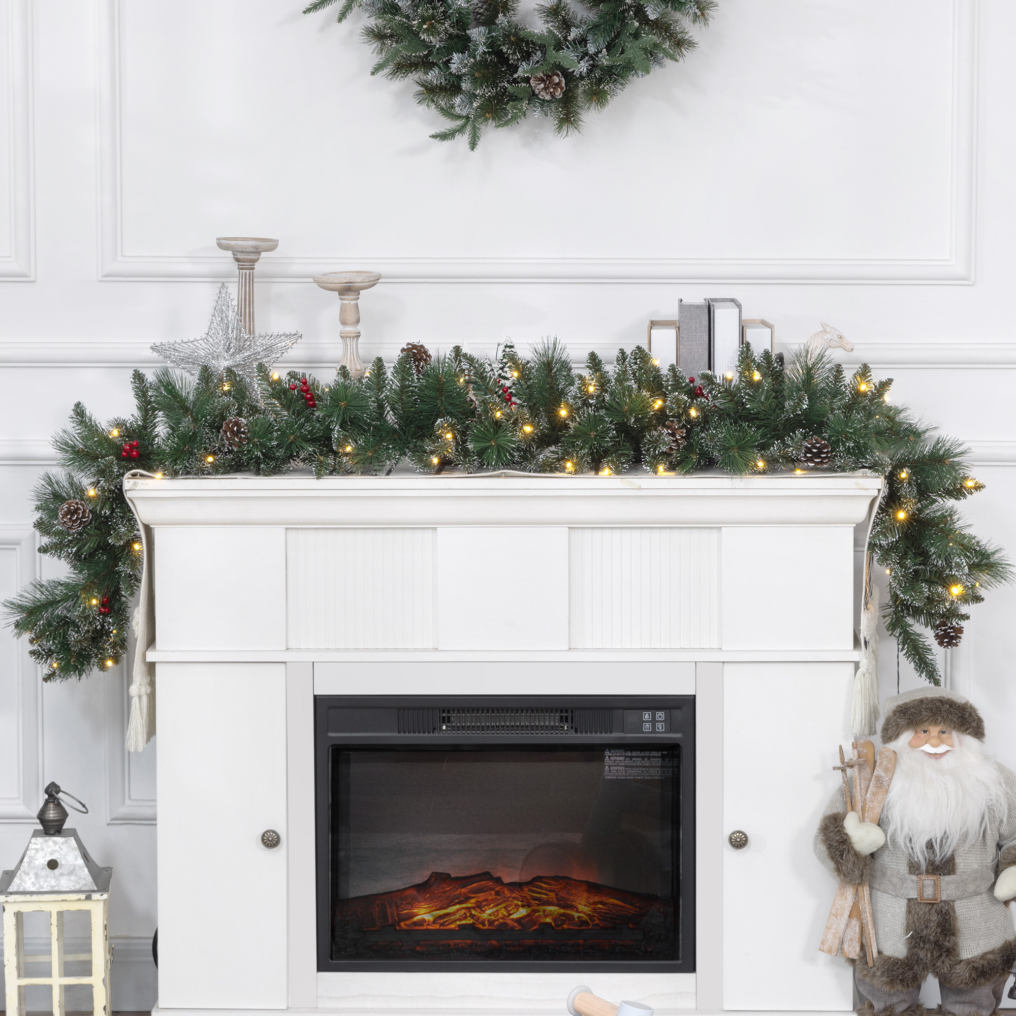 Guirlande de Noël artificielle LED 180 cm - pommes de pin, baies rouges, 50 LED blanc - vert