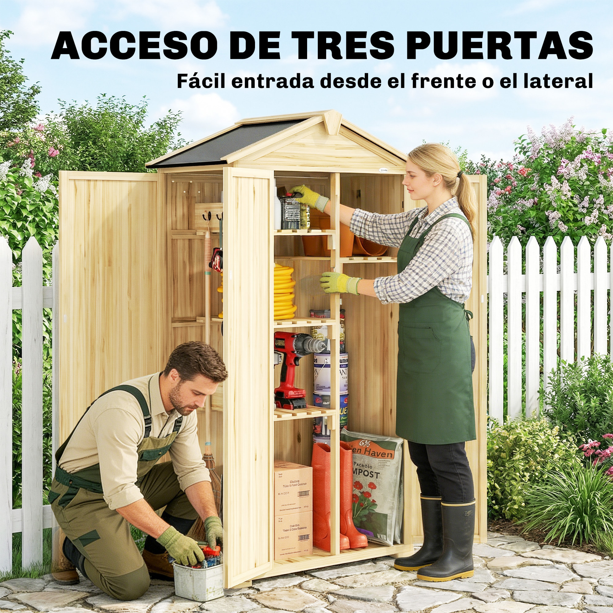 Caseta de Jardín de Madera 93x53x168 cm, Cobertizo Jardín Exterior, Armario Exterior para Herramientas con Puertas Bloqueables, 4 Estantes, Techo Asfáltico Inclinado y Ganchos, Madera Natural