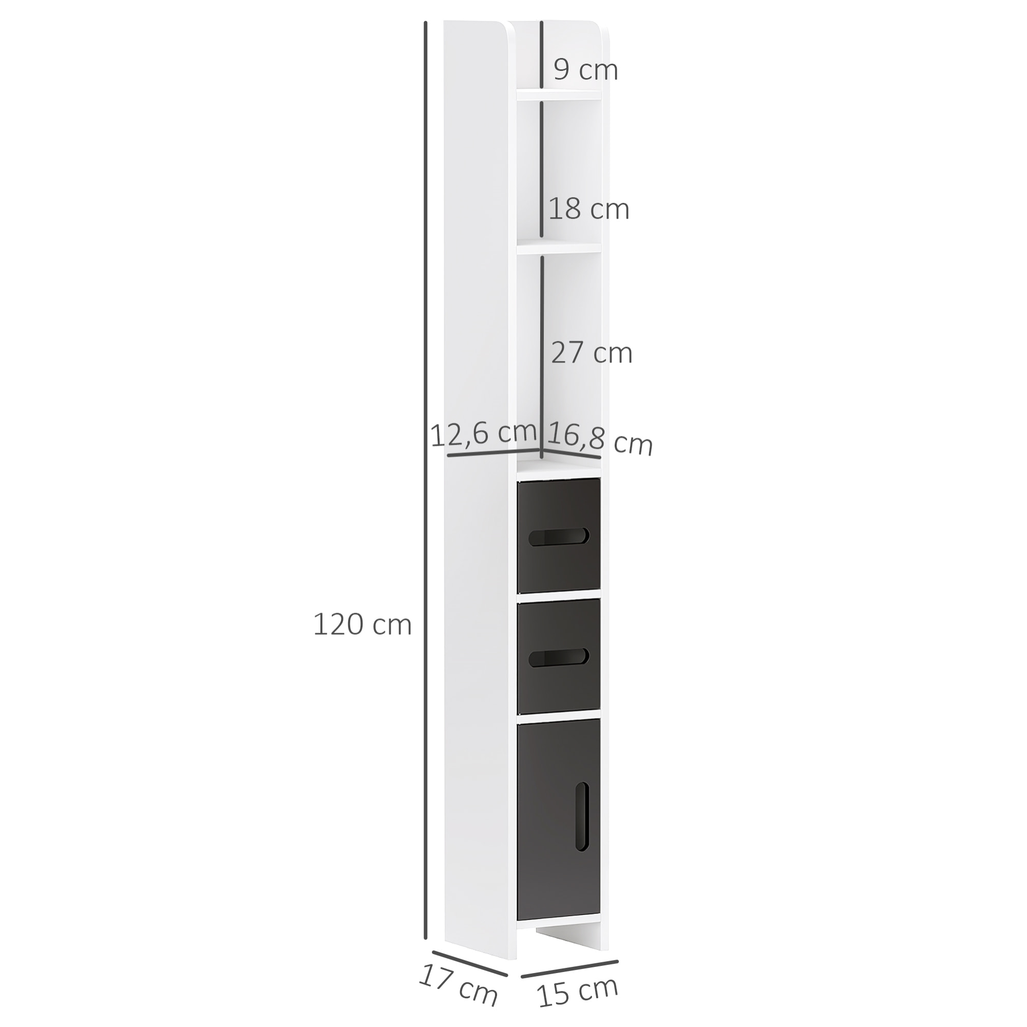 Columna de Baño Mueble de Baño con 3 Puertas 3 Estantes Abiertos y Sistema Antivuelco Armario de Baño Estilo Moderno 15x17x120 cm Blanco y Negro