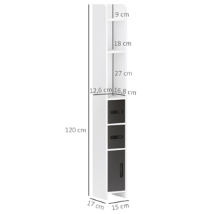 Columna de Baño Mueble de Baño con 3 Puertas 3 Estantes Abiertos y Sistema Antivuelco Armario de Baño Estilo Moderno 15x17x120 cm Blanco y Negro