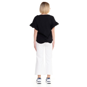 Camiseta de mujer brillante de manga corta con volantes