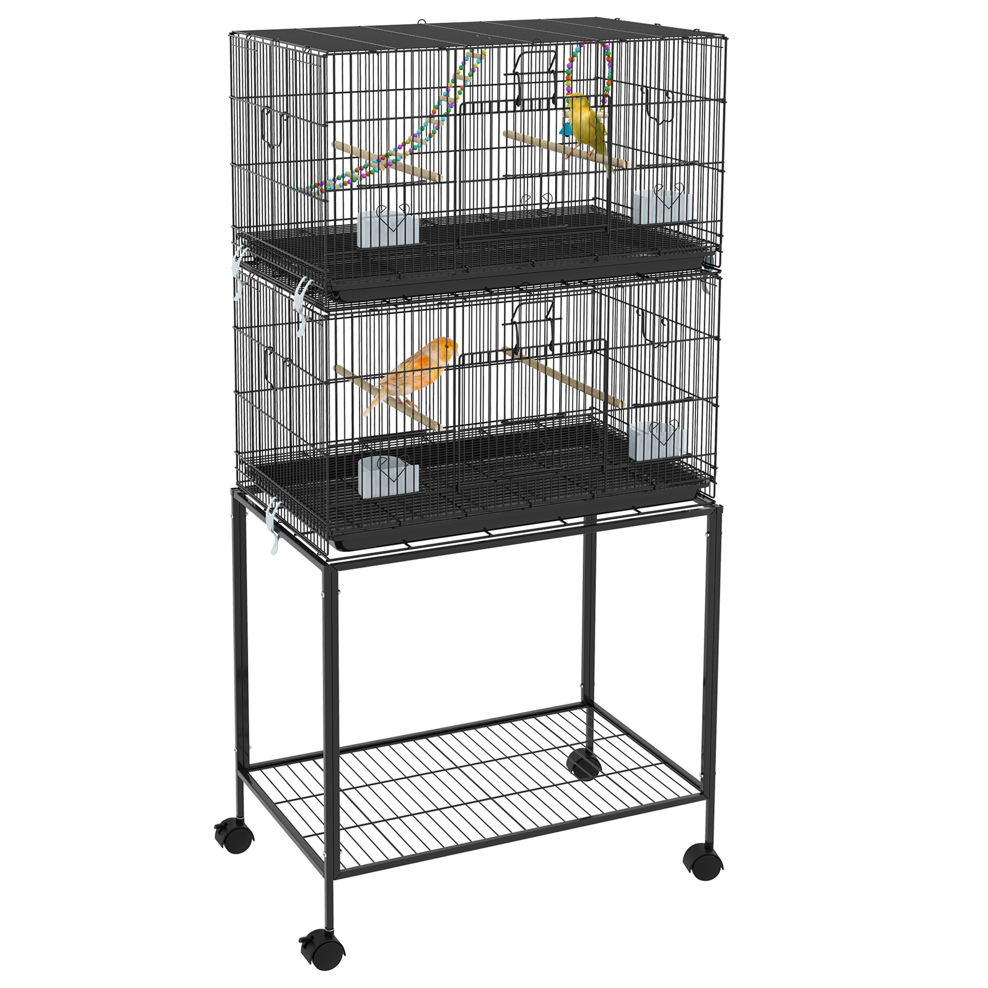 Double cage à oiseaux sur roulettes - étagère, plateau déjection, 4 perchoirs, 4 mangeoirs, poignée - dim. 77L x 46l x 164H cm acier noir