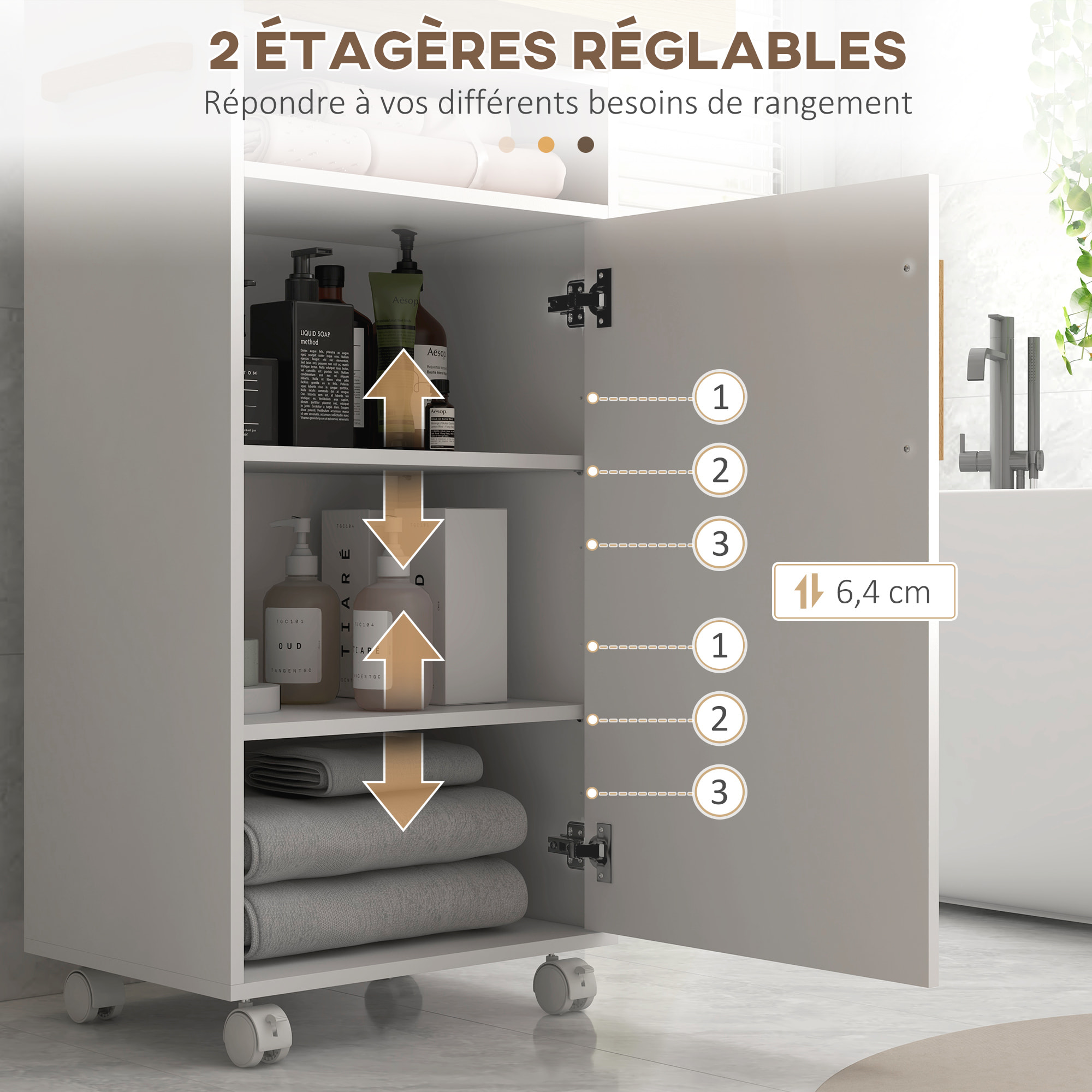 Meuble bas de salle de bain sur roulettes porte 2 étagères niche plateau amovible bois de hêtre verni blanc