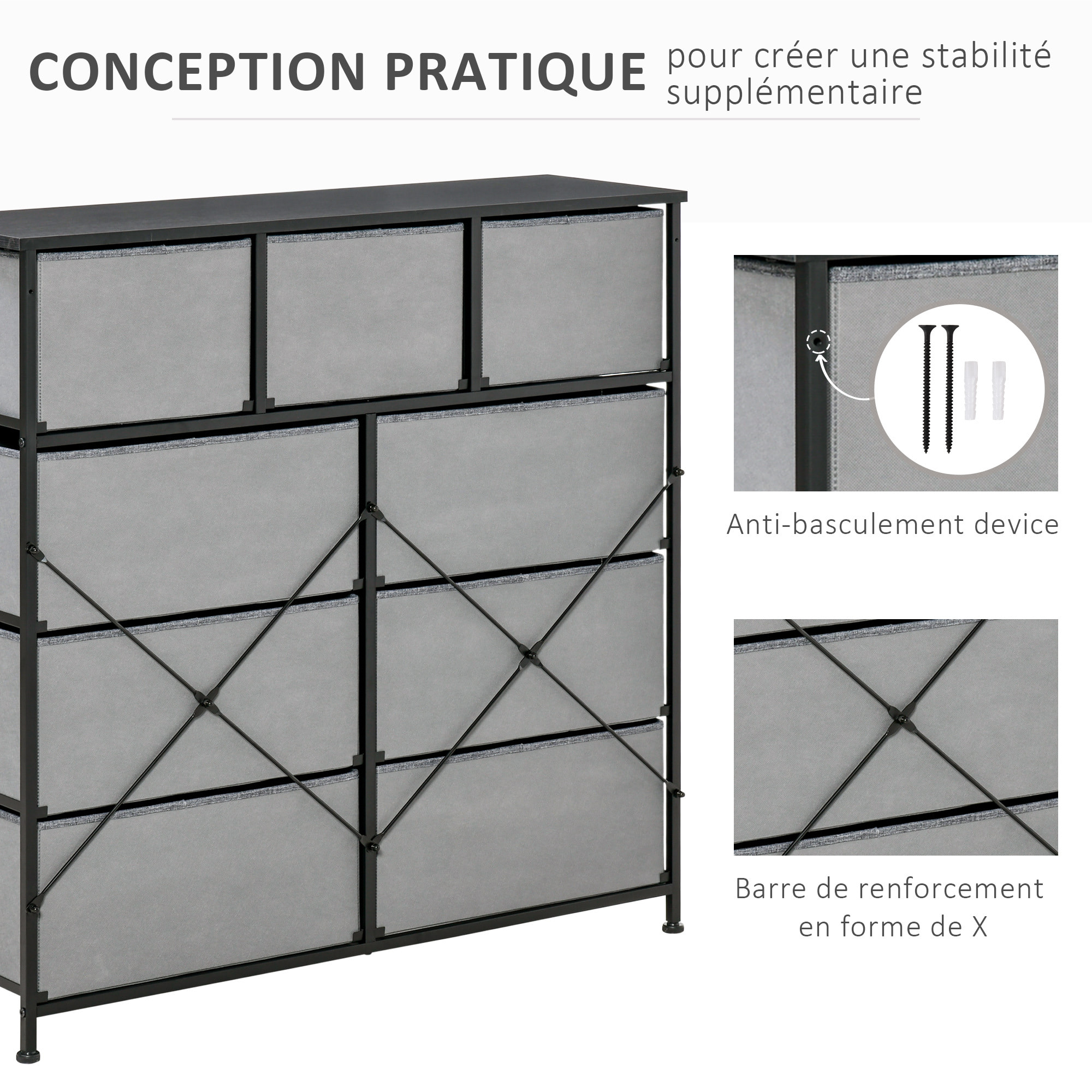 Meuble de rangement commode 9 tiroirs plateau acier MDF noir non tissé gris