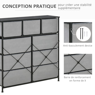 Meuble de rangement commode 9 tiroirs plateau acier MDF non tissé noir gris