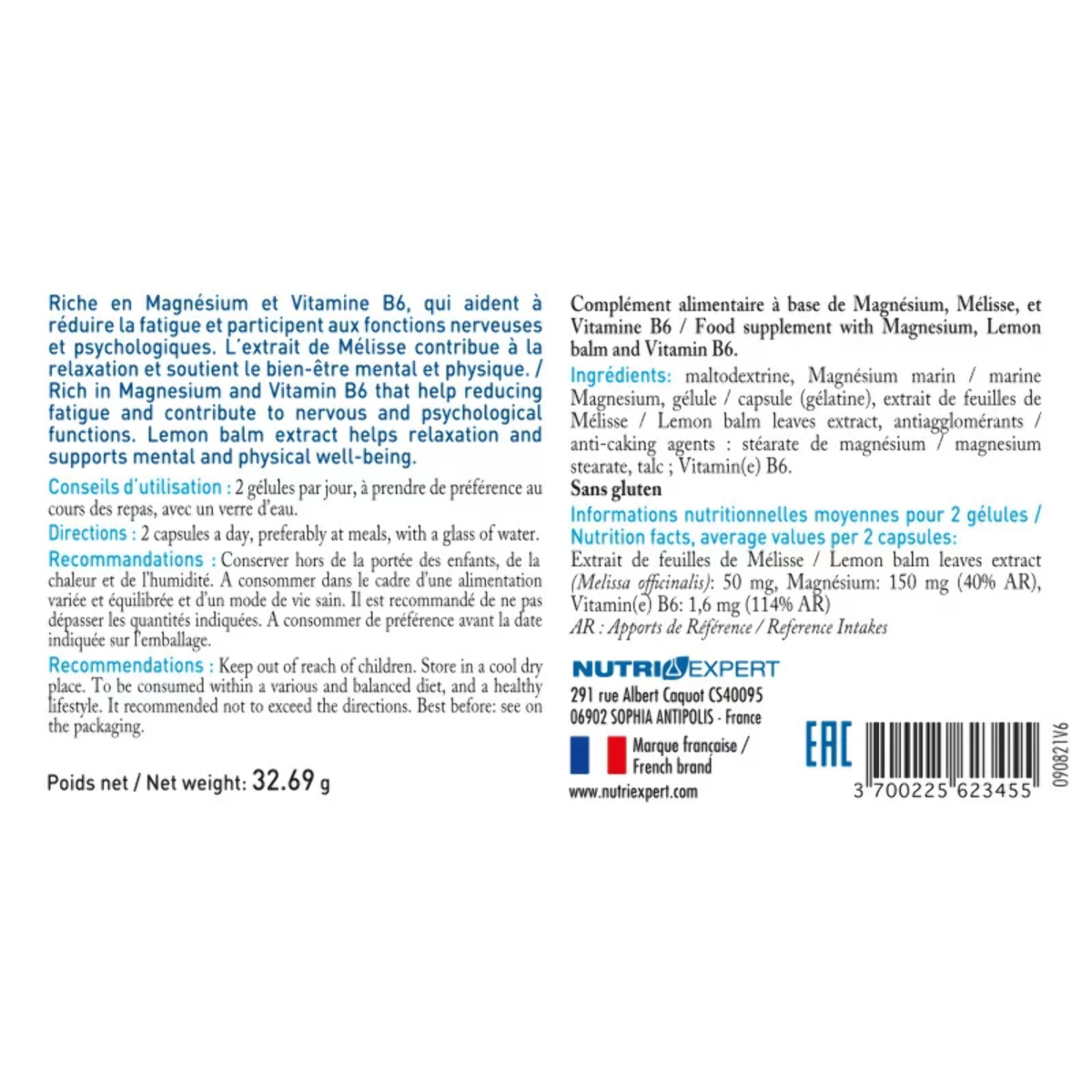 NUTRI EXPERT - Magnésium Marin B6+ - Complément Alimentaire à Base de Magnésium + Vitamine B6 + Mélisse - Favorise l'Équilibre du Système Nerveux et le Bien-Être - Réduit la Fatigue - Lot de 3 produits