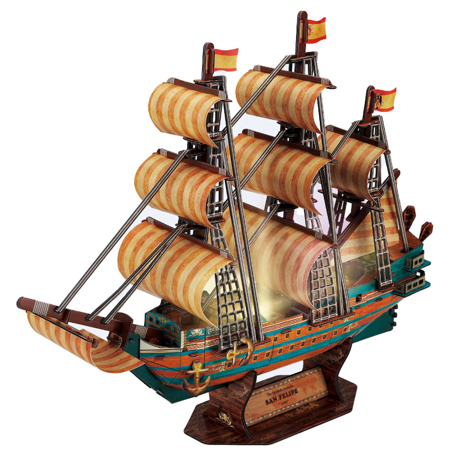 Puzzle 3D buque Armada Española SAN FELIPE con luces LED. 46*14*36,4 cms y 146 piezas.