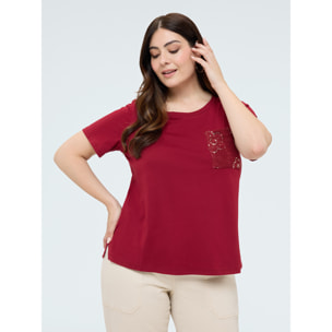 Fiorella Rubino - Camiseta de algodón con bolsillo de ganchillo y lentejuelas - Burgundy