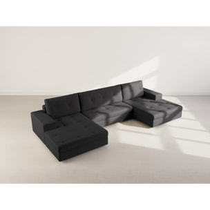 Bastian - canapé panoramique en U 7 places convertible avec coffre en velours texturé - Noir