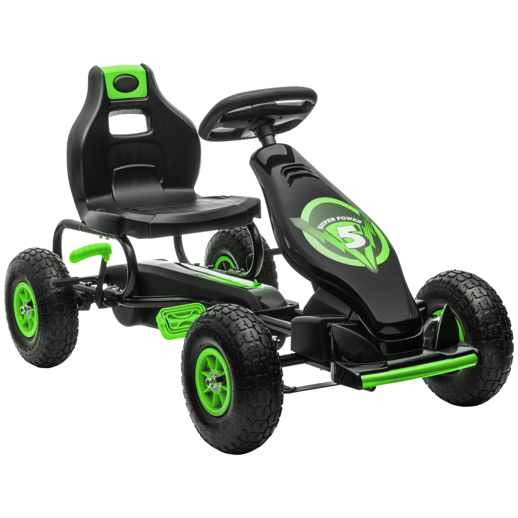 Kart Pedales Coche de Pedales para Niños de 5-12 Años con Asiento Ajustable Neumáticos Inflables Amortiguador y Freno de Mano Carga 50 kg Negro y Verde