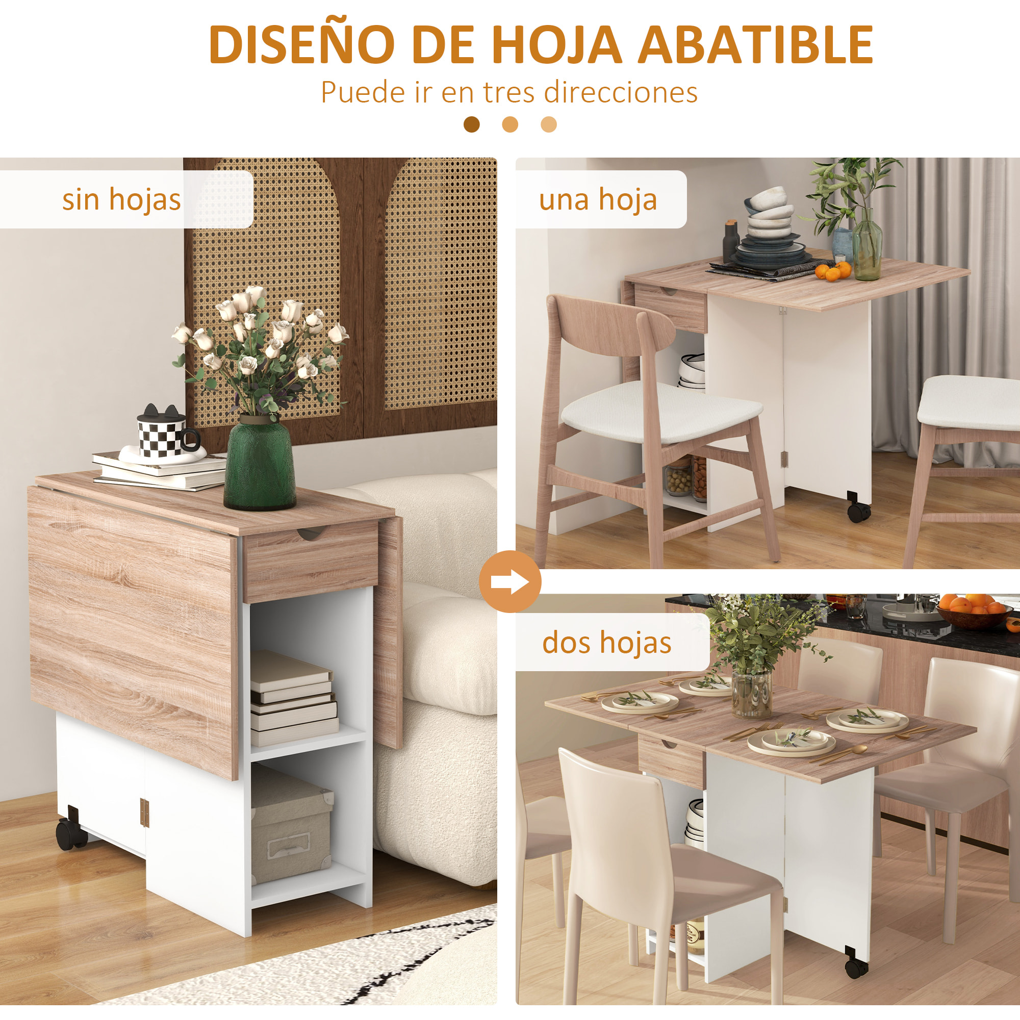 Mesa Plegable de Comedor Mesa de Cocina Plegable con Ruedas Alas Abatibles Cajón y Estantes Mesa Plegable para 2-4 Personas 120x72x75 cm Roble y Blanco