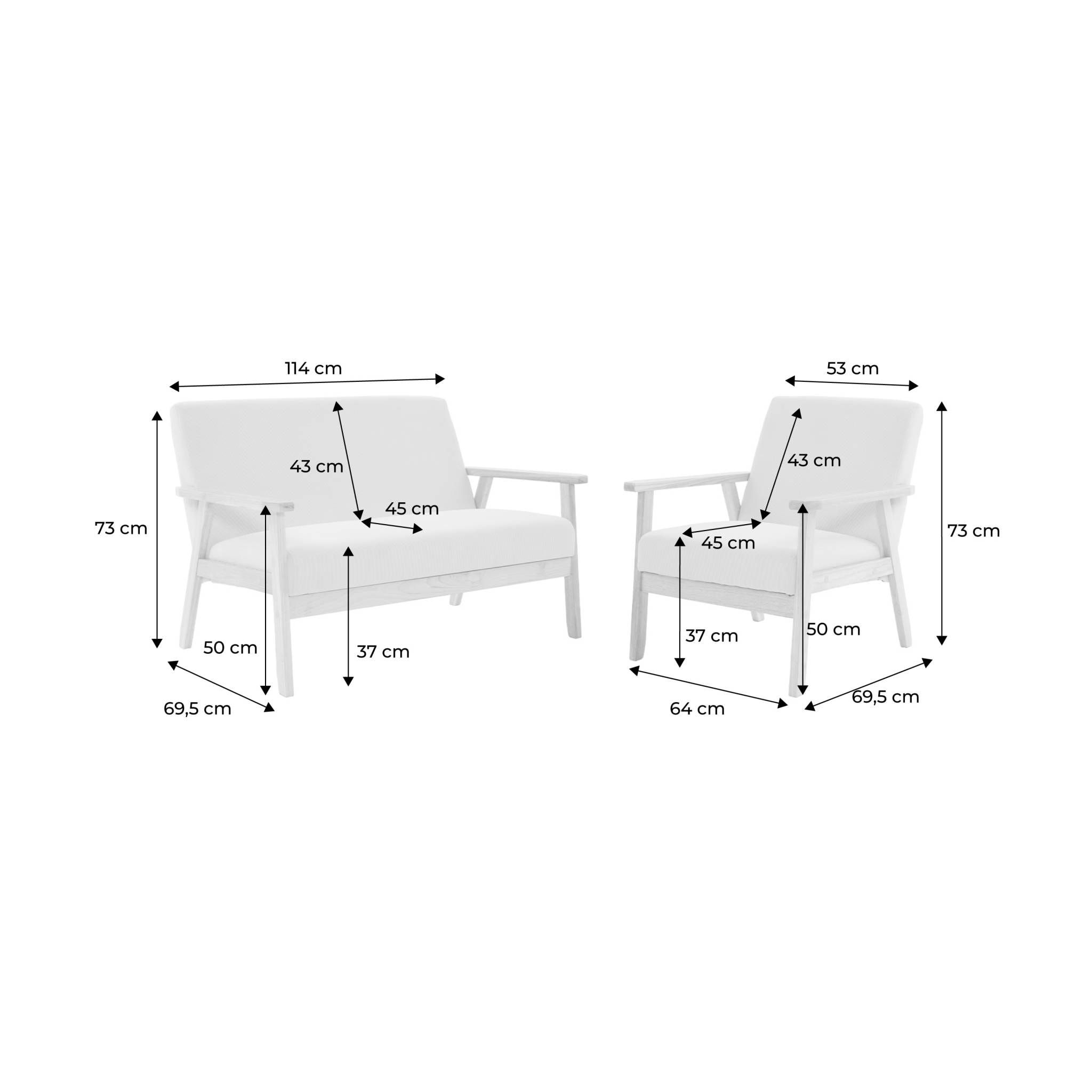 Banquette + fauteuil 3 places bois d'hévéa velours côtelé ISAK