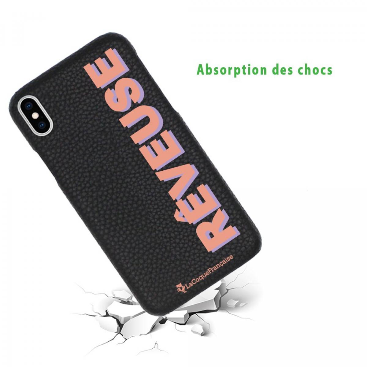 Coque iPhone X/XS effet cuir grainé noir Rêveuse corail et parme Design La Coque Francaise