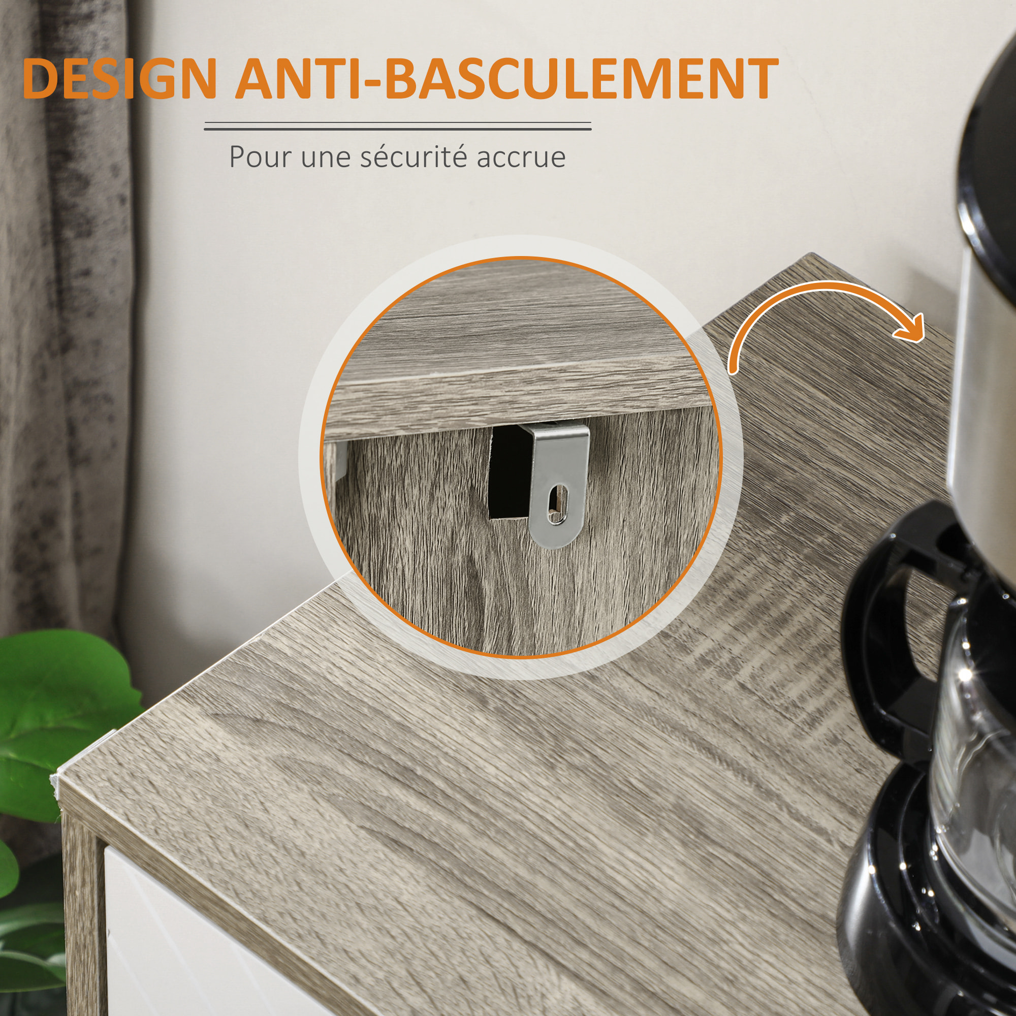 Buffet design scandinave 4 portes 2 étagères piètement bois de pin panneaux portes motif chevrons blanc aspect bois gris