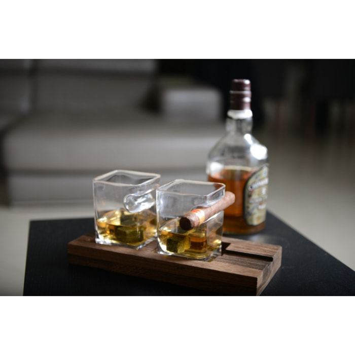 Duo whisky deux verres support bois 4 glacons pierre ceramique