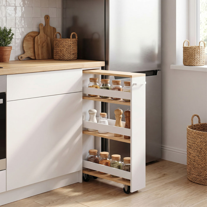 Etagère range épices à roulettes blanc et bois
