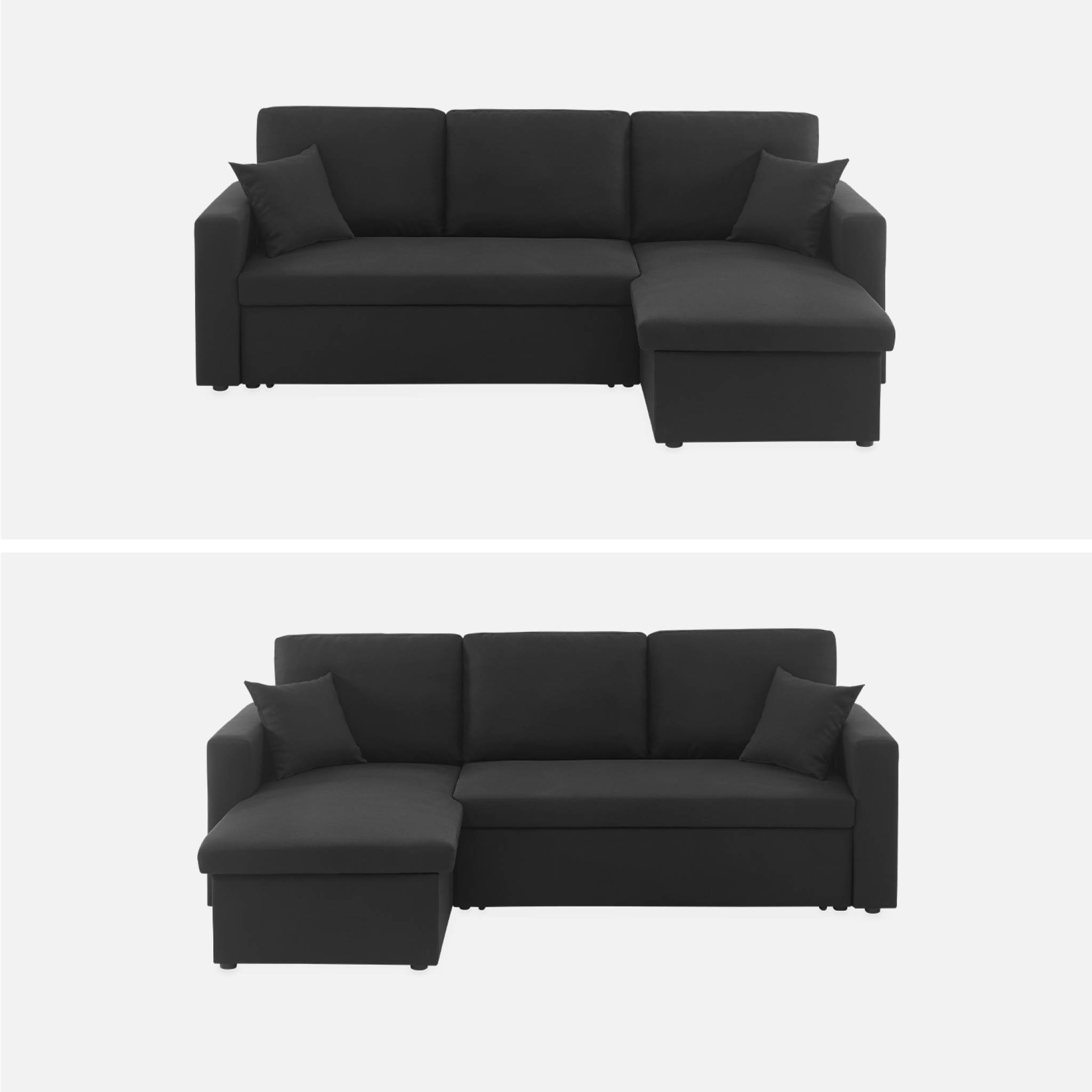 Canapé d'angle SMILE convertible réversible compact 3 places en tissu noir. L 213.5 x P 136.5 x H 83cm. avec coffre de rangement