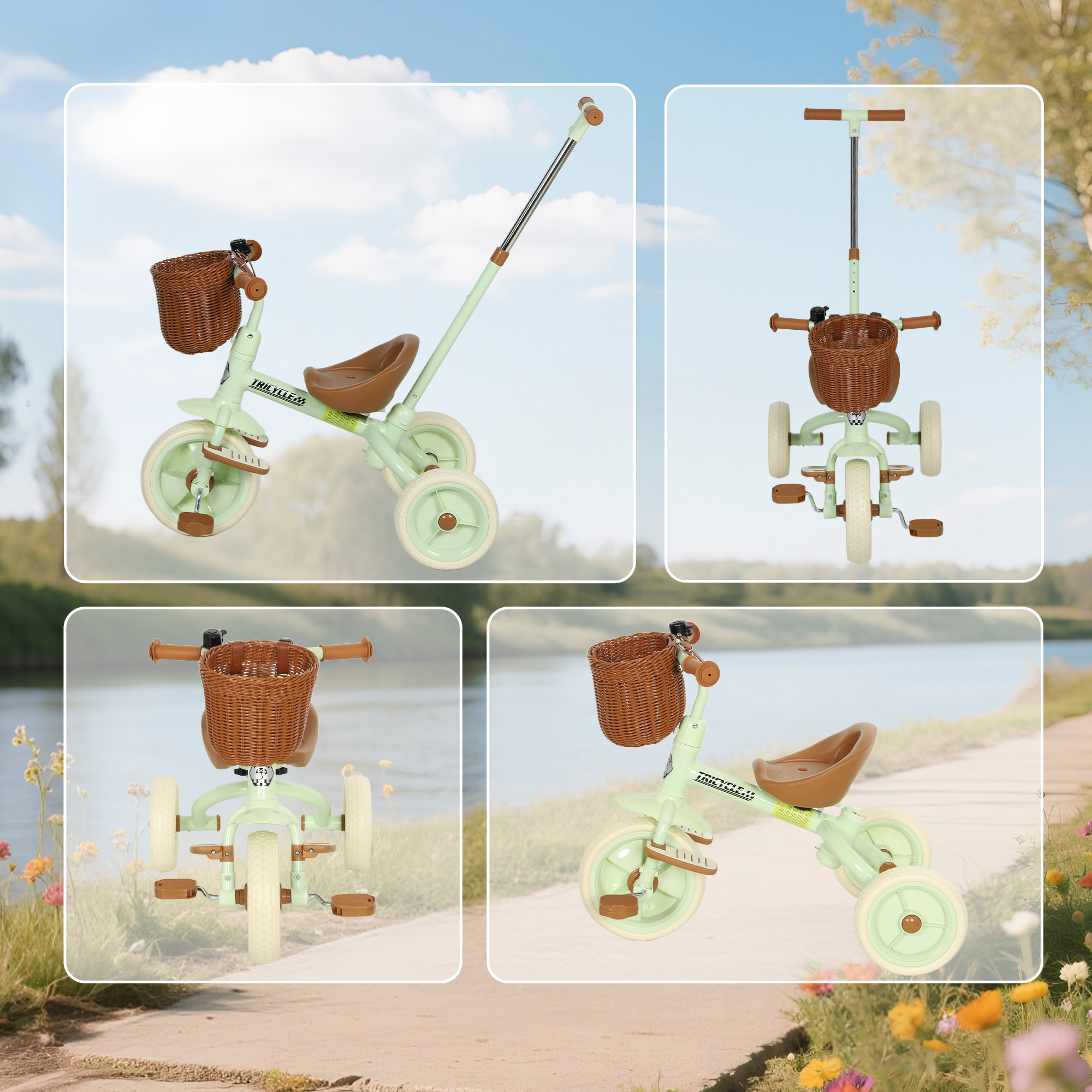 Triciclo para Bebés 2 en 1, Triciclo Evolutivo, 2-5 Años, con Barra Parental Ajustable, Pedales Antideslizantes, Reposapiés Plegables y Cesta, para Niños y Niñas, Verde