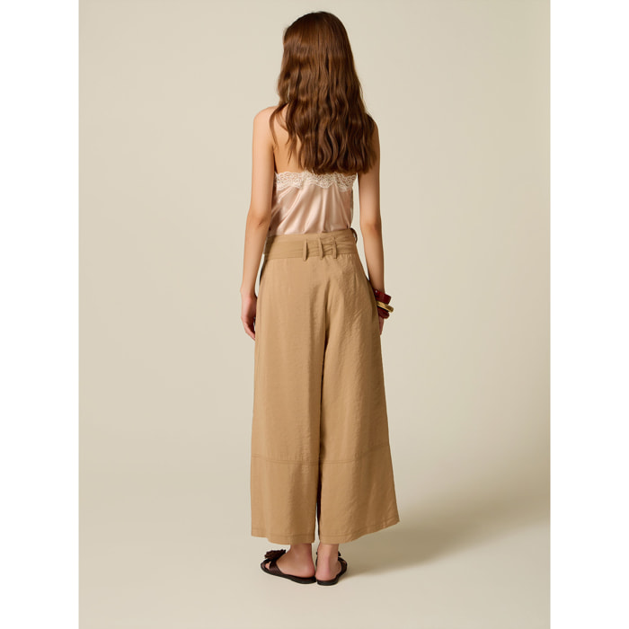 Oltre - Pantalones palazzo cropped mezcla modal - Beige