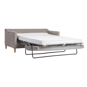 Canapé convertible scandinave 3 places en tissu effet velours taupe et bois clair LOUISE