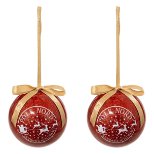 Lot de 2 boules de Noël papier imprimé "Timbre" rouge 60mm
