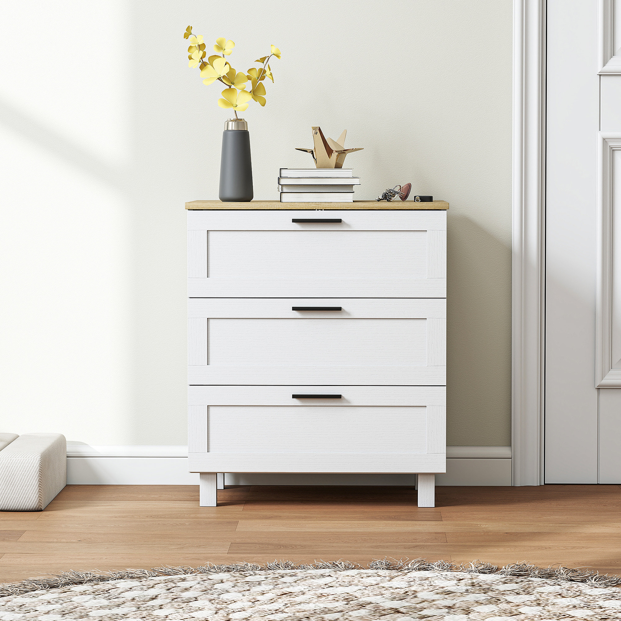 Cómoda Estrecha con 3 Cajones, Cómoda Dormitorio con Patas de Madera, Cajonera para Salón, Oficina, Estilo Moderno, 60x38x71 cm, Blanco